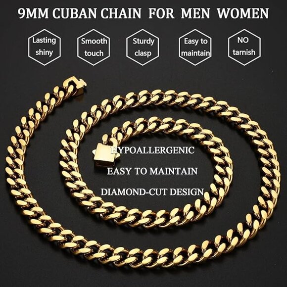 9mm Stainless Steel Cuban Link Chain Necklace 14K Gold Plated Chain Necklace - Picture 4 of 4